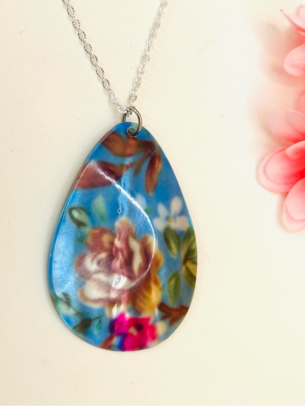 Blue Floral Teardrop Pendant Necklace painted mother of pearl